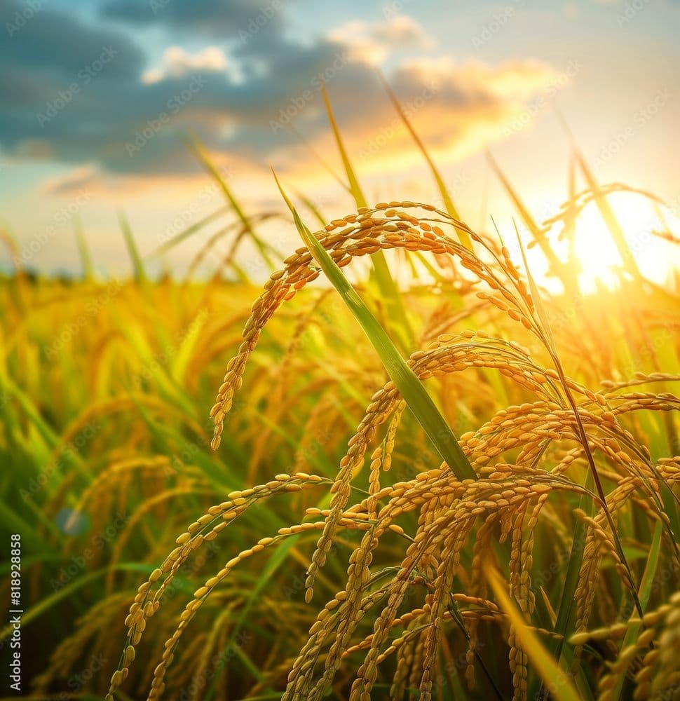 Golden ripe rice crop stalks at sunset