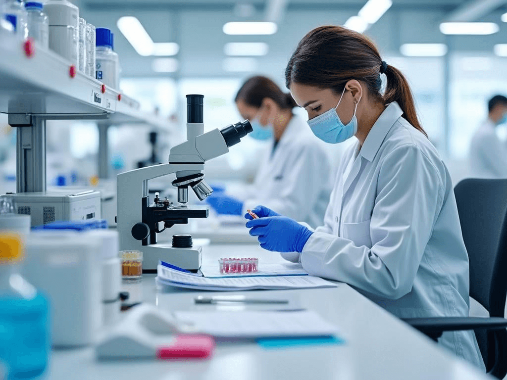 Lab technician in mask and gloves verifying grain quality under microscope