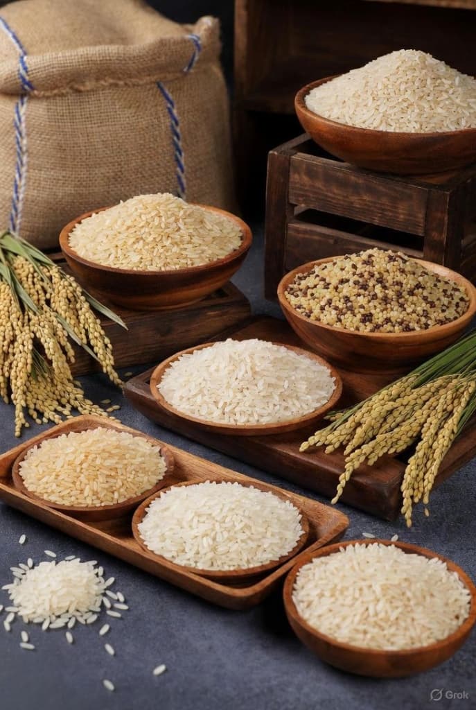 A premium assortment of white, brown, and wild rice in wooden bowls with natural grain stalks